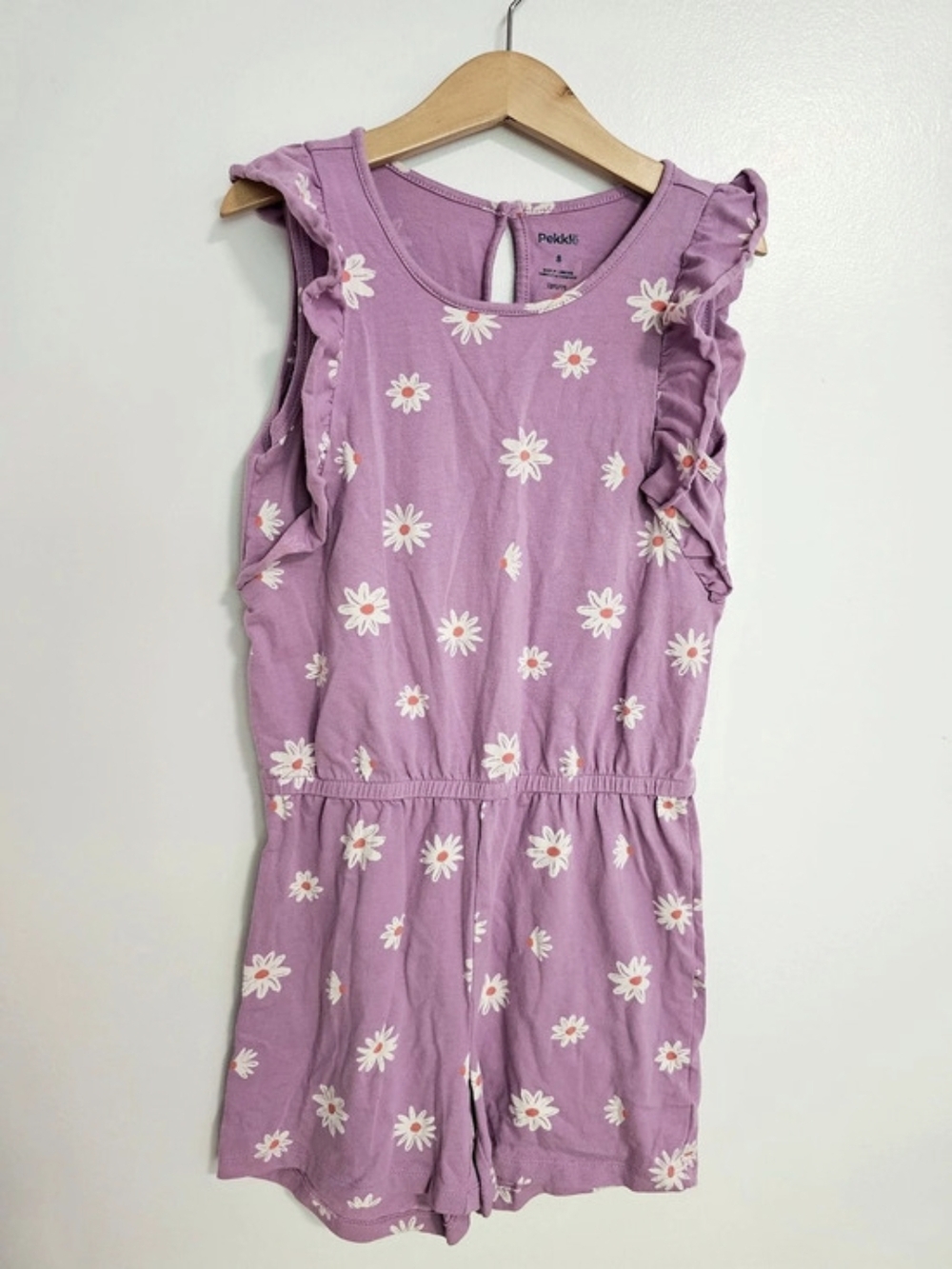 🧸2/20$ Pekkle Girls Floral Romper Purple Size 8 Ruffle Sleeves